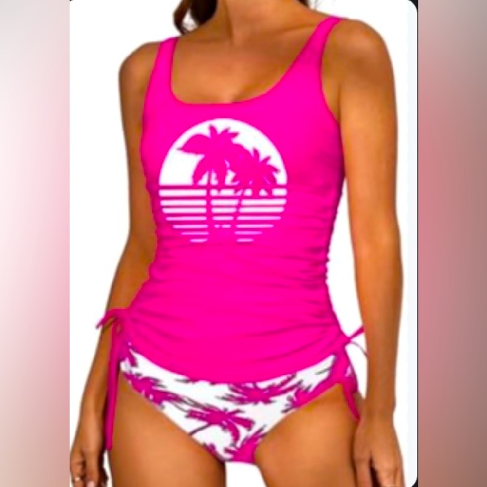 NWOT Earlymemb Women's Palm Tree Tankini Swimsuit Set Pink